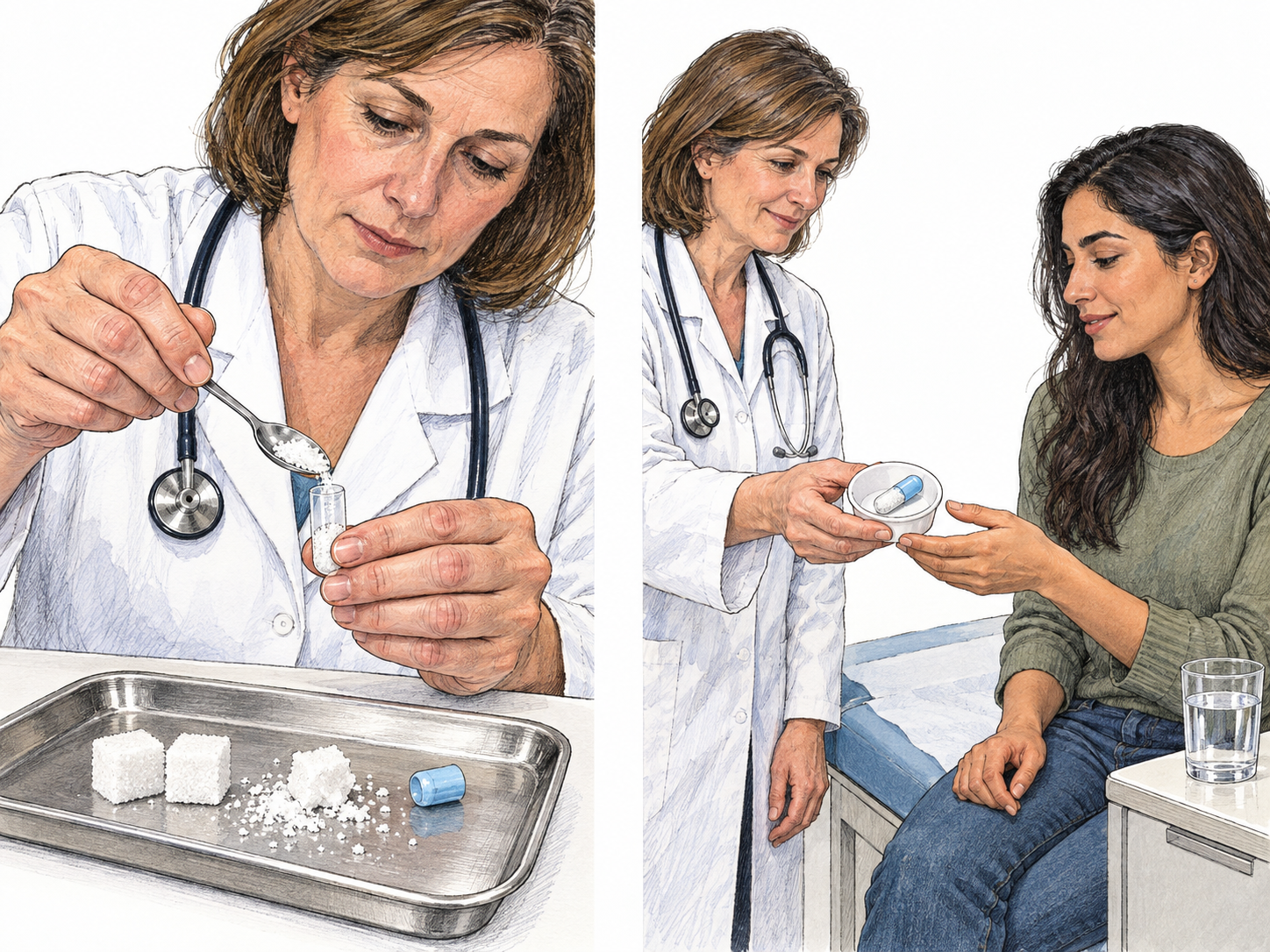 A compact preparation-and-administration diptych shows a capsule filled only with crushed sugar, then offered to a patient with the ordinary care and equipment of a medical treatment.