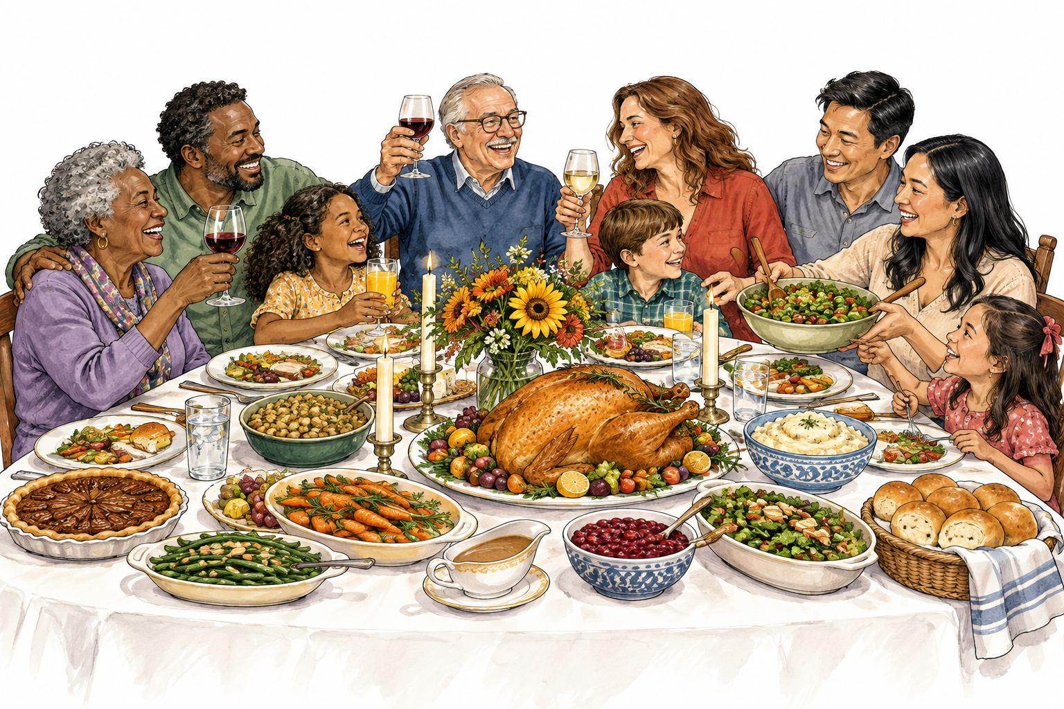 Diverse extended family gathers around a lavish celebratory meal.