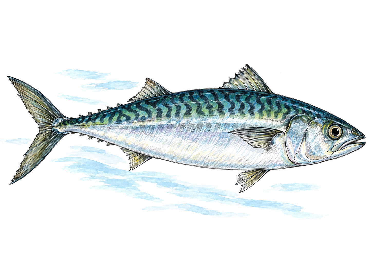 A single mackerel swimming through a sparse suggestion of ocean water, its streamlined body, forked tail, silvery sides and dark wavy back markings clearly visible.