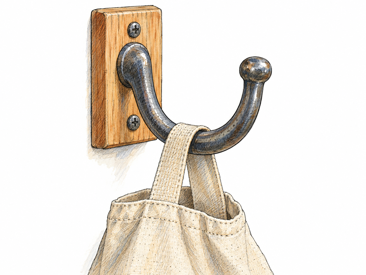 A large metal J-shaped wall hook holding the hanging loop of a small canvas bag, with its open curved tip clearly exposed.