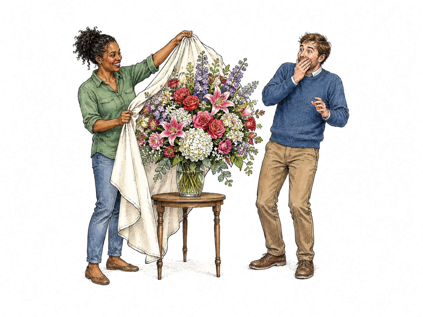 A woman lifts a cloth from a tiny table to reveal an unexpectedly enormous bouquet; her adult friend recoils slightly with eyes wide and hand over open mouth, visibly greatly surprised.