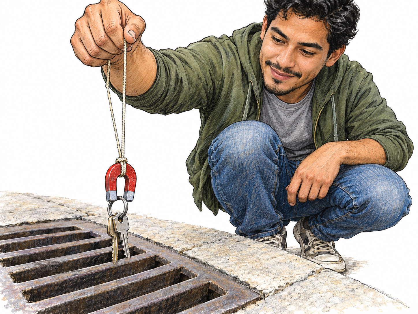A young man cleverly retrieves dropped keys through a fixed drain grate using a small magnet tied to string, making the improvised solution visibly clear.
