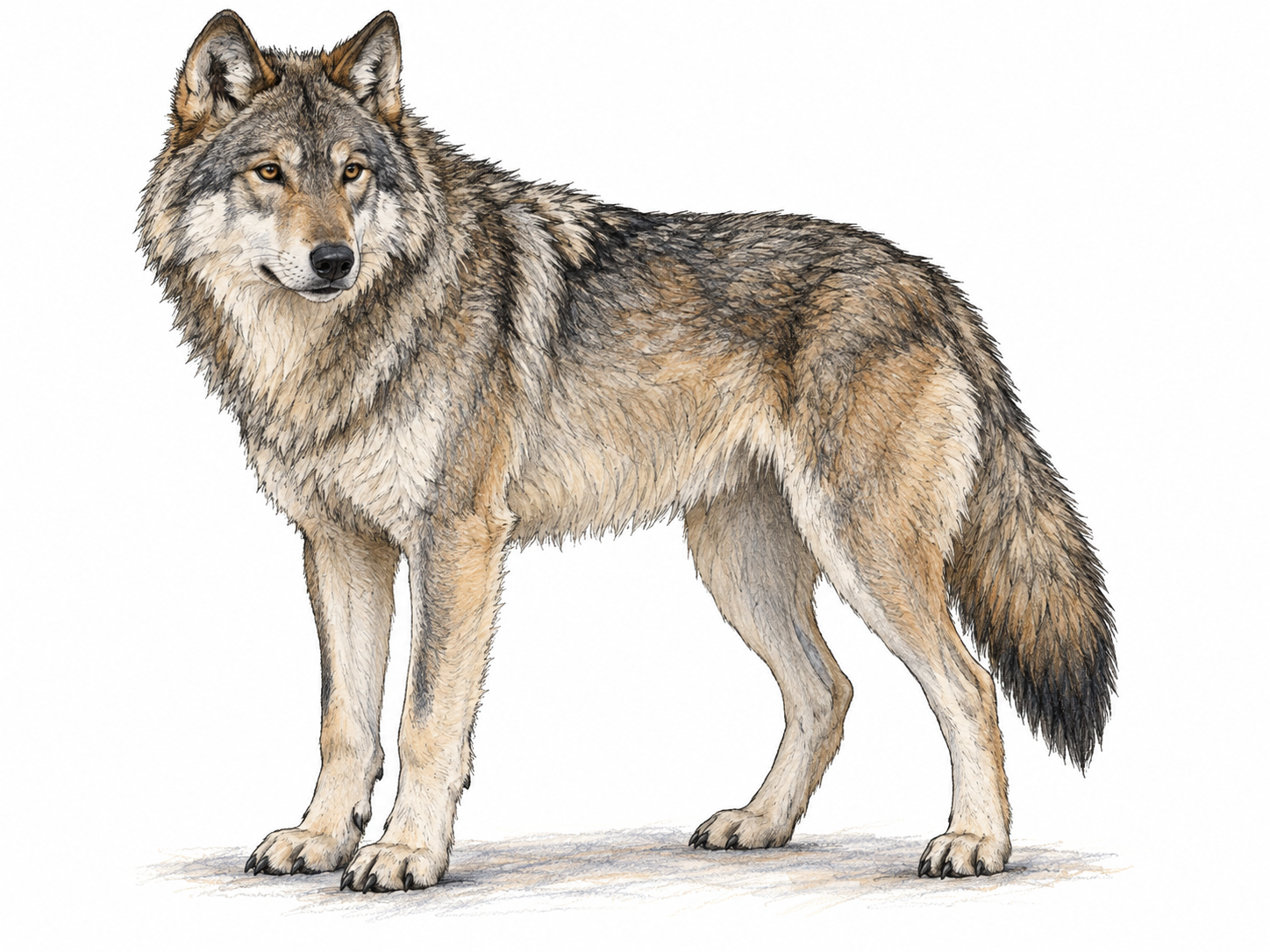 A close three-quarter view of a gray wolf, emphasizing its unmistakably wolf-like head and body: erect triangular ears, long muzzle, thick cheek ruff, powerful shoulders, and bushy lowered tail.