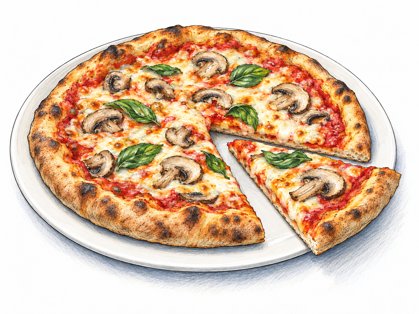 A freshly baked round pizza on a plain plate, with one slice pulled slightly away to reveal the flatbread base beneath tomato sauce, melted cheese, and toppings.