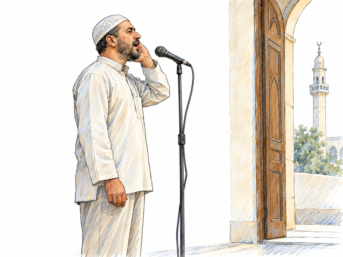 A mosque official delivering the call to prayer into a microphone beside an open mosque doorway, with a small section of minaret visible outside.