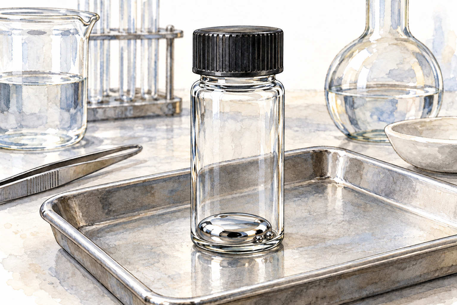 A sealed clear glass scientific specimen vial safely contains several lustrous rounded mercury droplets and a small connected pool of reflective silvery liquid at its bottom, resting upright in a laboratory tray.