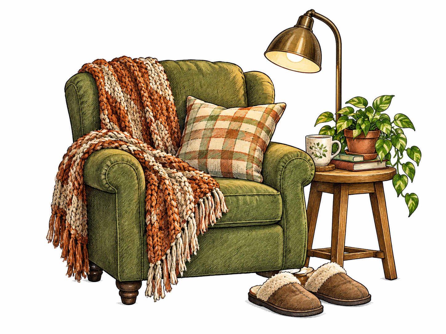 A comfortable armchair with a worn knitted blanket, slippers, potted plant and warm reading lamp forms an inviting familiar domestic nook.