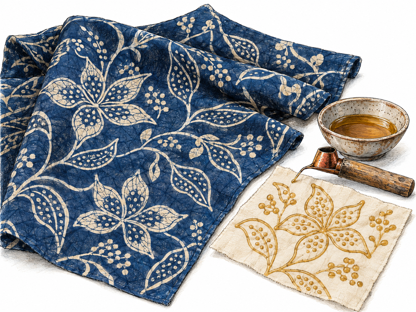 A finished length of batik fabric is the main subject, accompanied by a matching wax-marked sample and wax-applying tools that distinguish wax-resist decoration from ordinary printed fabric.