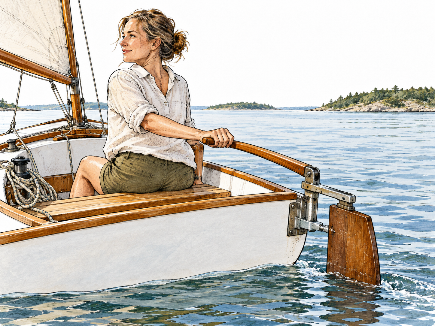 An adult white woman seated at the stern of a small sailboat holds its wooden tiller, visibly connected to the rudder.