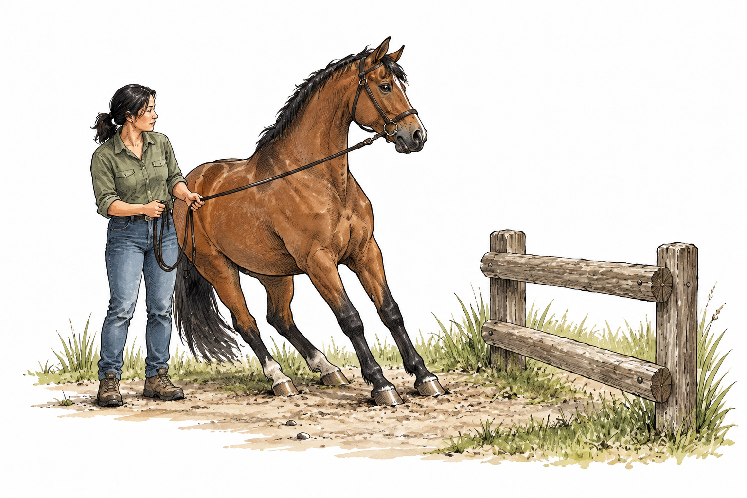 A horse stops short before a low fence and refuses to proceed while its calm handler pauses safely beside it.