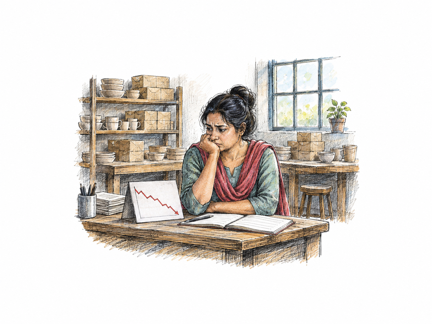 A compact economic downturn vignette: a quiet workshop has idle workbenches and stacked unsold plain products, proprietor looks worried beside a window, one small chart on desk shows a descending line only, no axes labels or statistics.