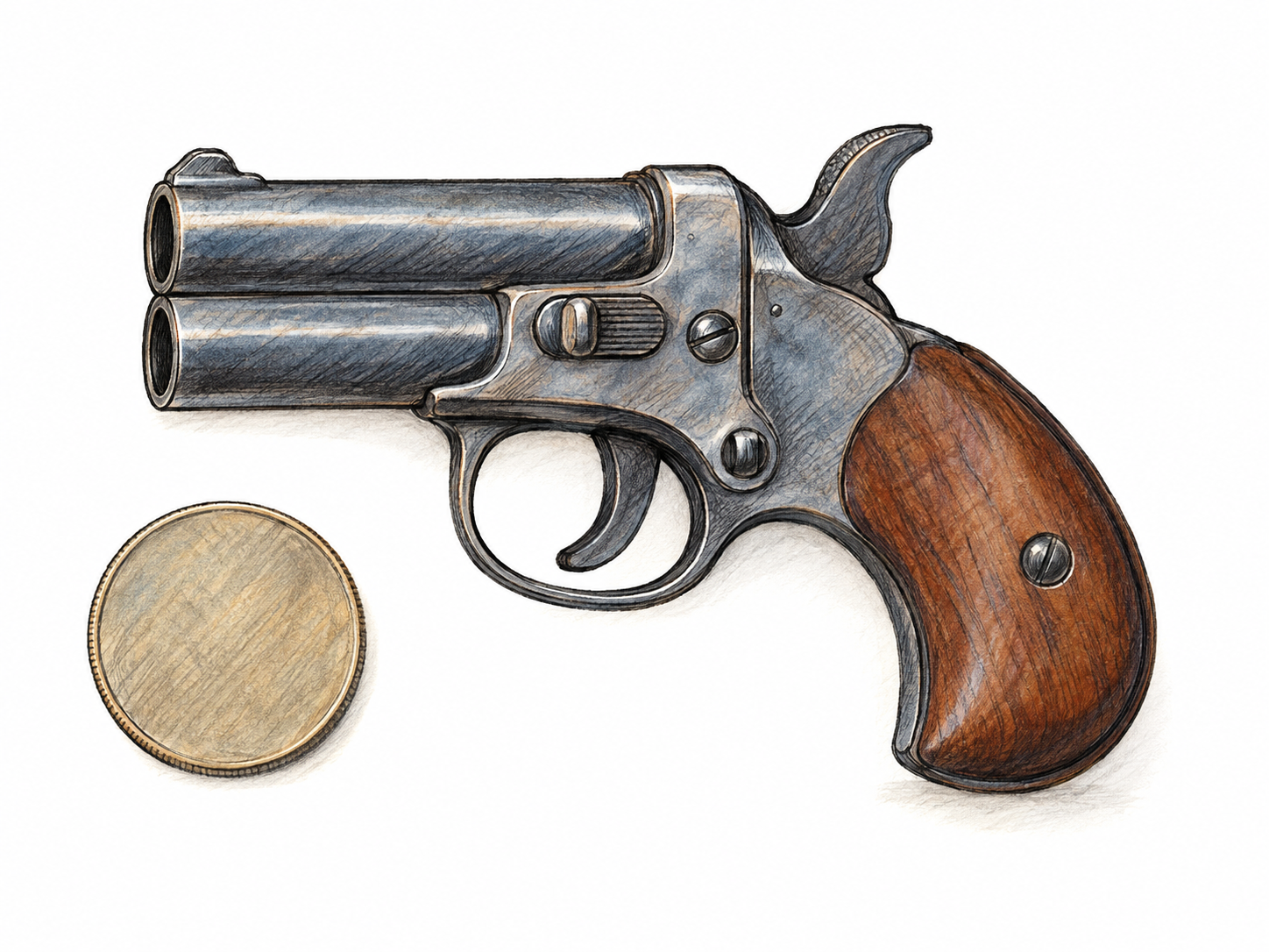 An isolated compact derringer pistol in clear side view, its very short barrel and small curved grip immediately recognizable, with a plain coin beside it for scale.