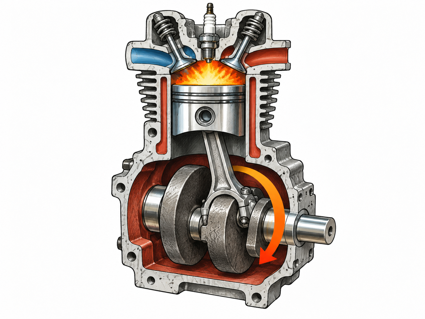 A cutaway engine shows piston, connecting rod and crankshaft converting energy into rotating motion, with one restrained curved motion arrow; no brand or labels.