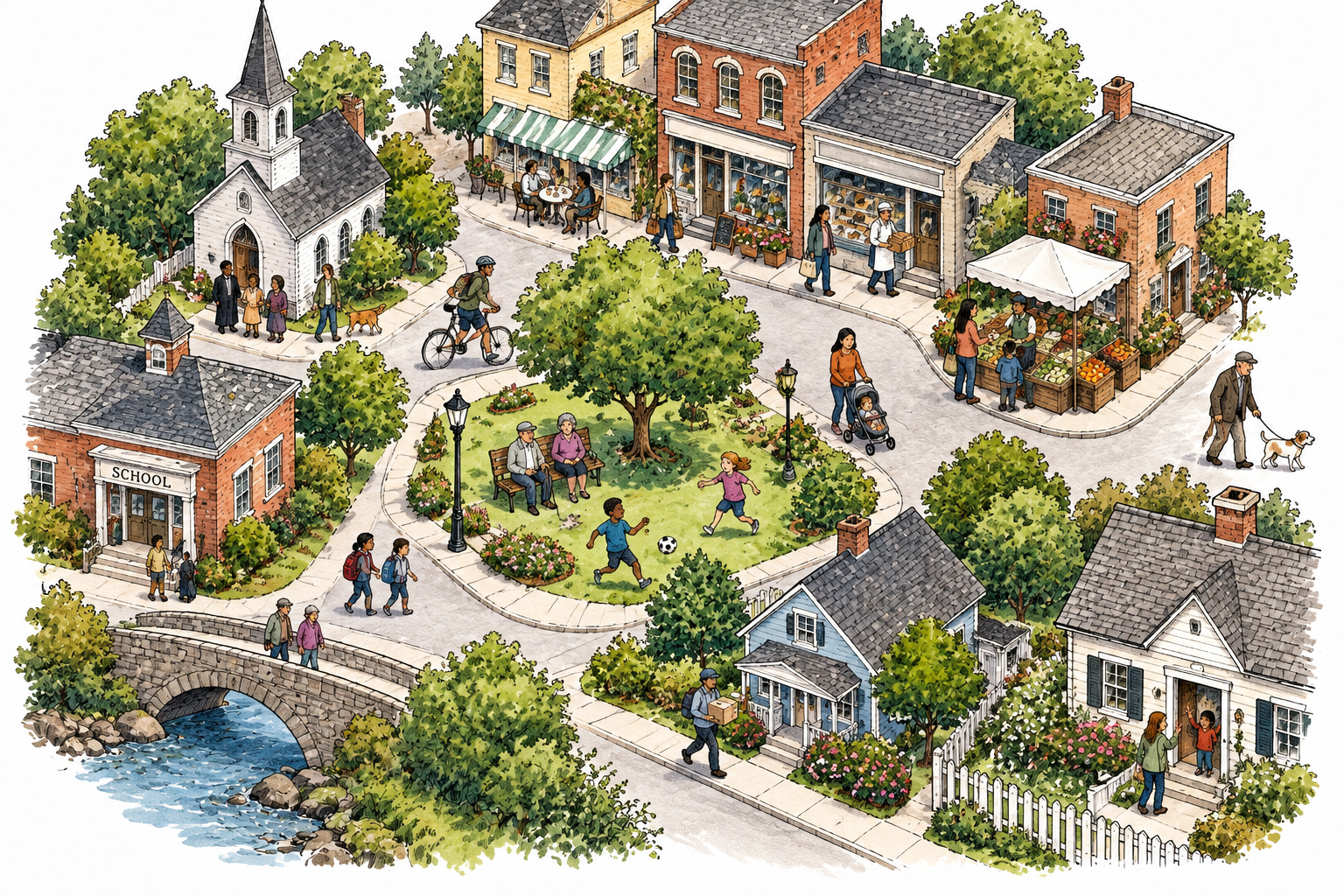 An overhead view of people of varied ages living throughout a compact town, the whole resident community.