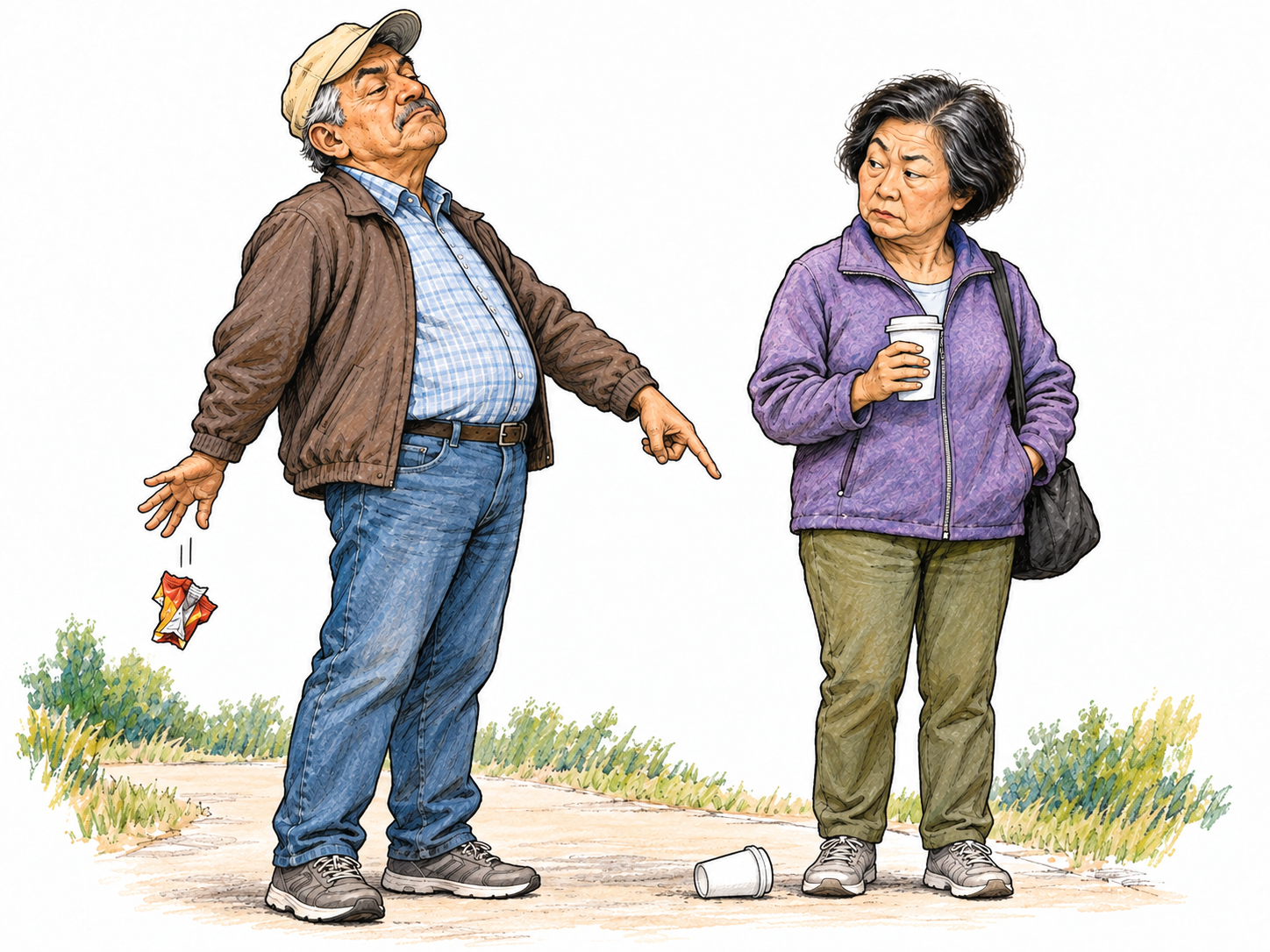 An older man pompously lectures another park visitor about littering while covertly dropping his own snack wrapper behind his back.