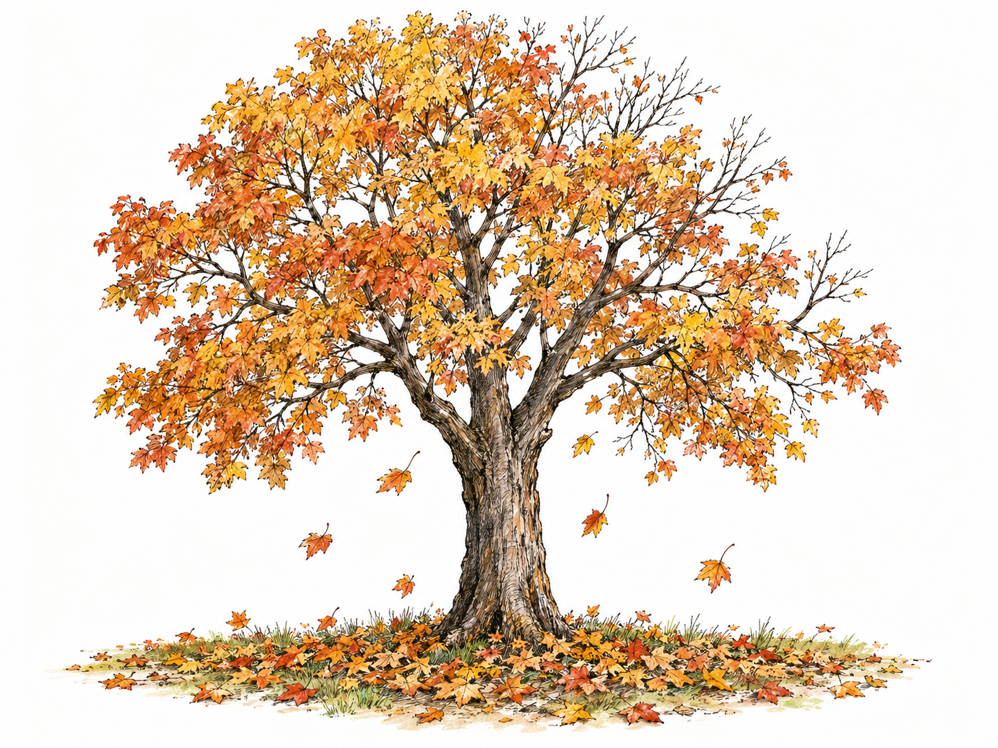 A deciduous tree with a thinning crown of gold, orange, and russet leaves, several leaves falling toward a leaf-covered patch of ground, visibly depicting autumn.