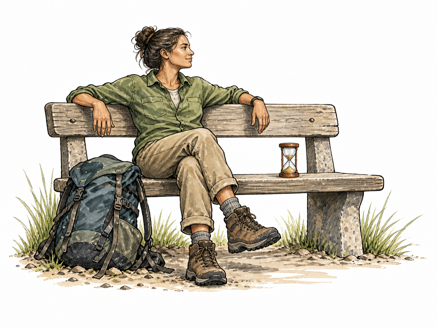 Traveler rests briefly on a bench with backpack at feet and a short hourglass beside them.