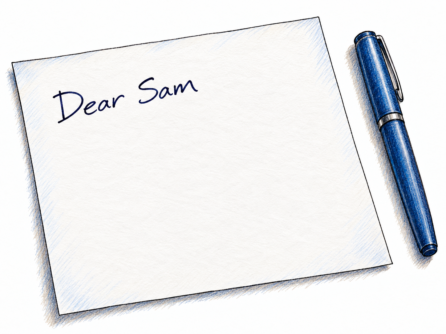 A close-up of a sheet of paper bearing a short, clearly legible handwritten phrase, with a capped pen beside it.