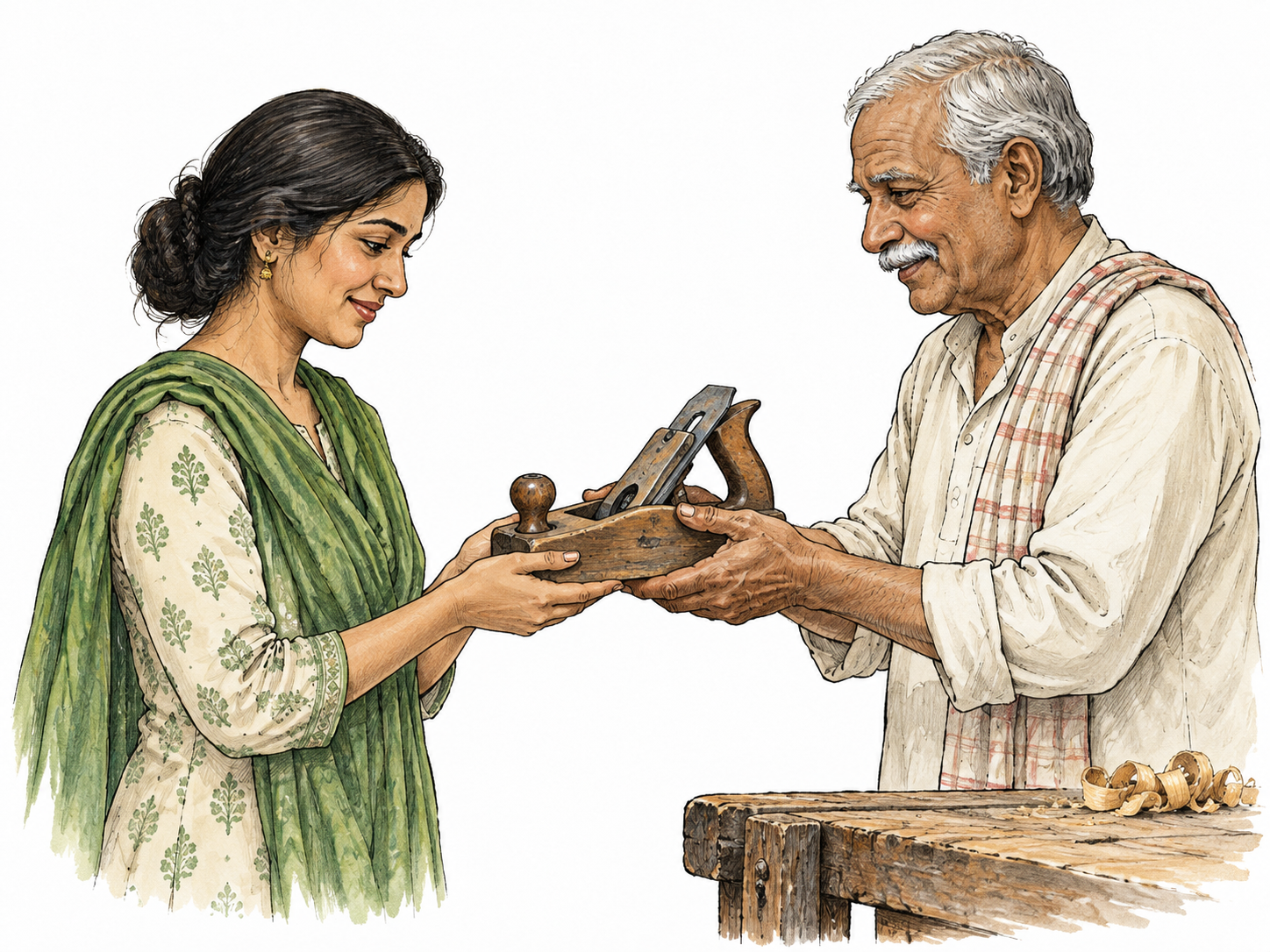 Adult receives a well-used family woodworking tool from older relative, warm handover across generations showing property received.