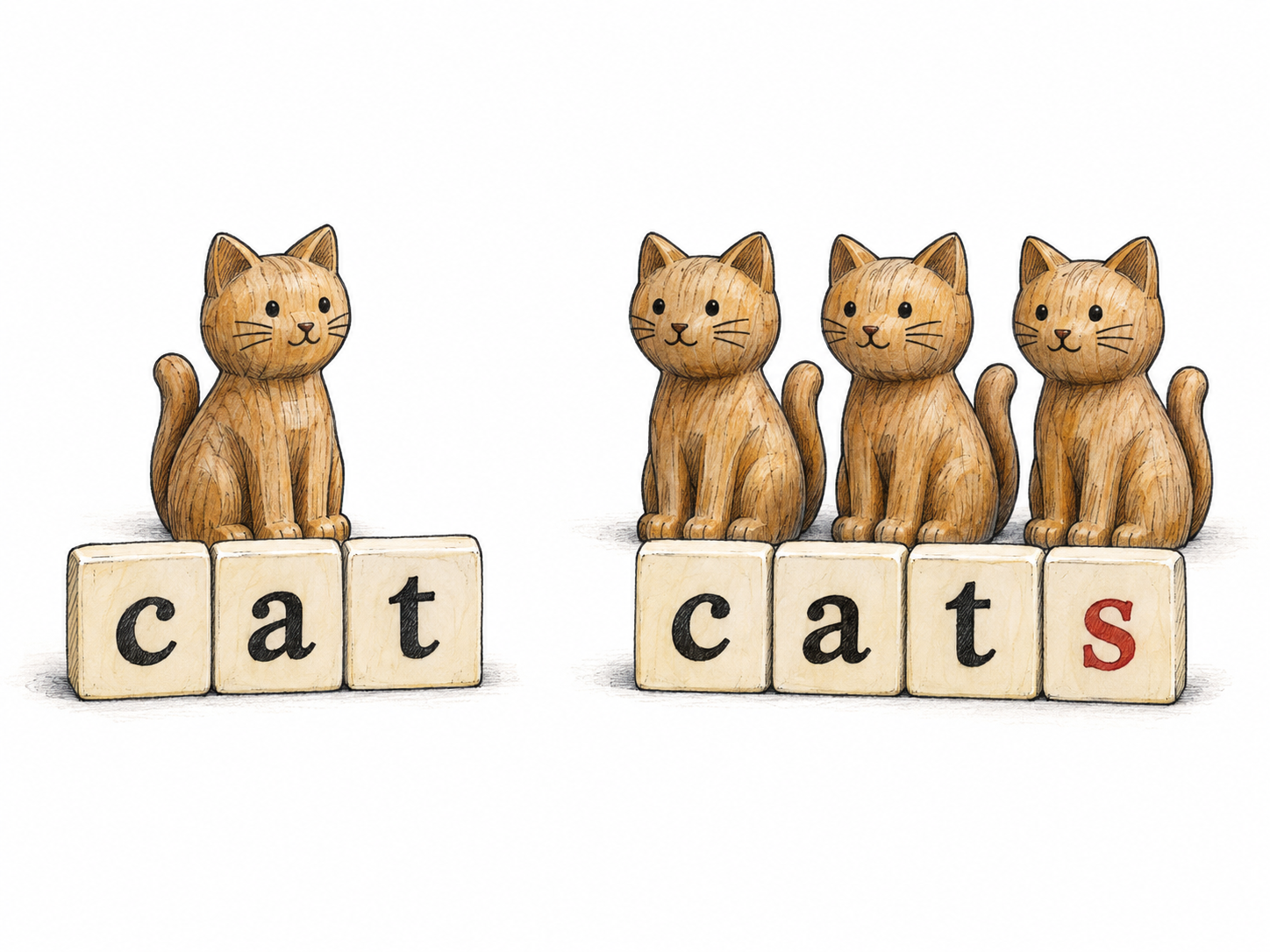 A tabletop grammar demonstration pairs one wooden cat figurine with letter tiles spelling “cat,” and three matching cat figurines with tiles spelling “cats.” The added final s makes the change in word form for grammatical number visible.