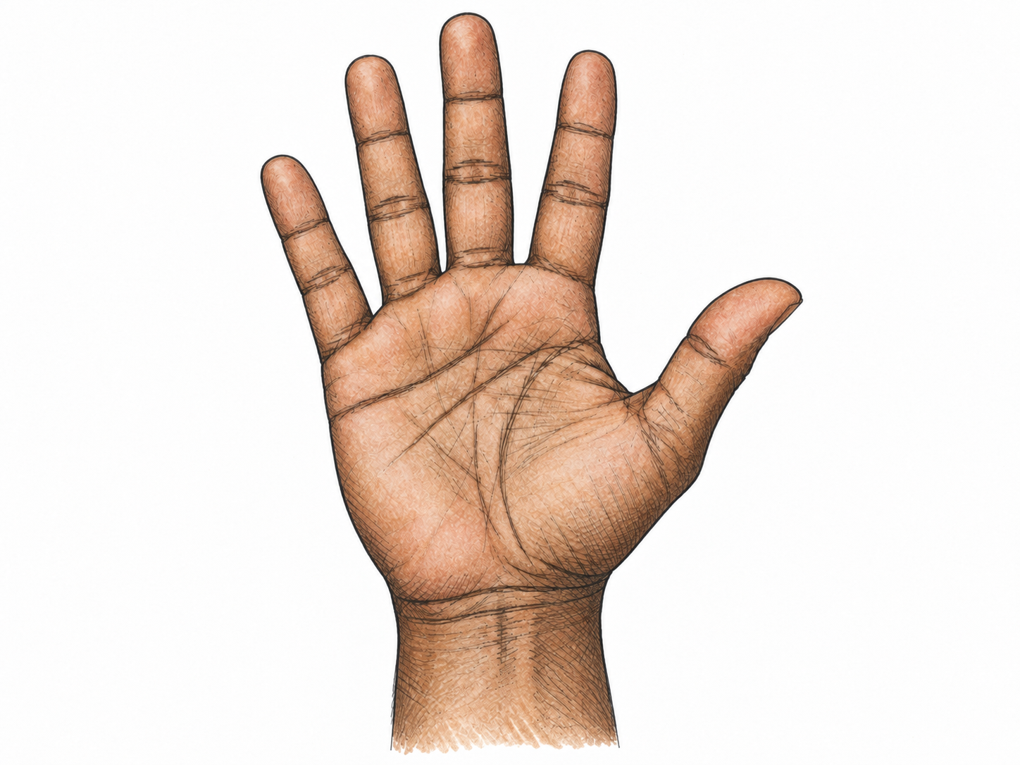 A relaxed human hand shown palm-forward from wrist to fingertips, thumb clearly set apart from exactly four fingers, natural creases reduced to pen marks.