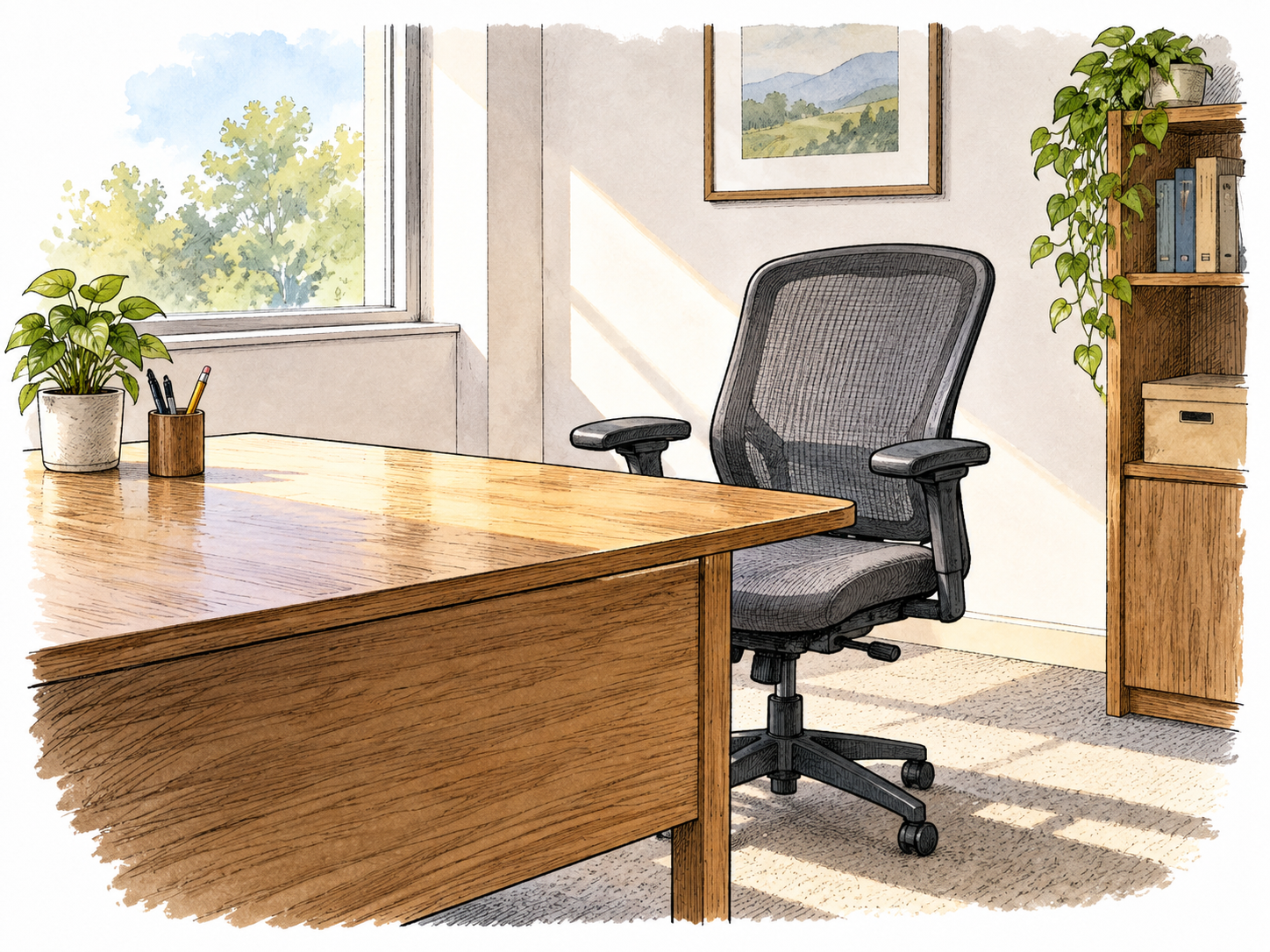 Empty chair and bare desk in a sunlit office.