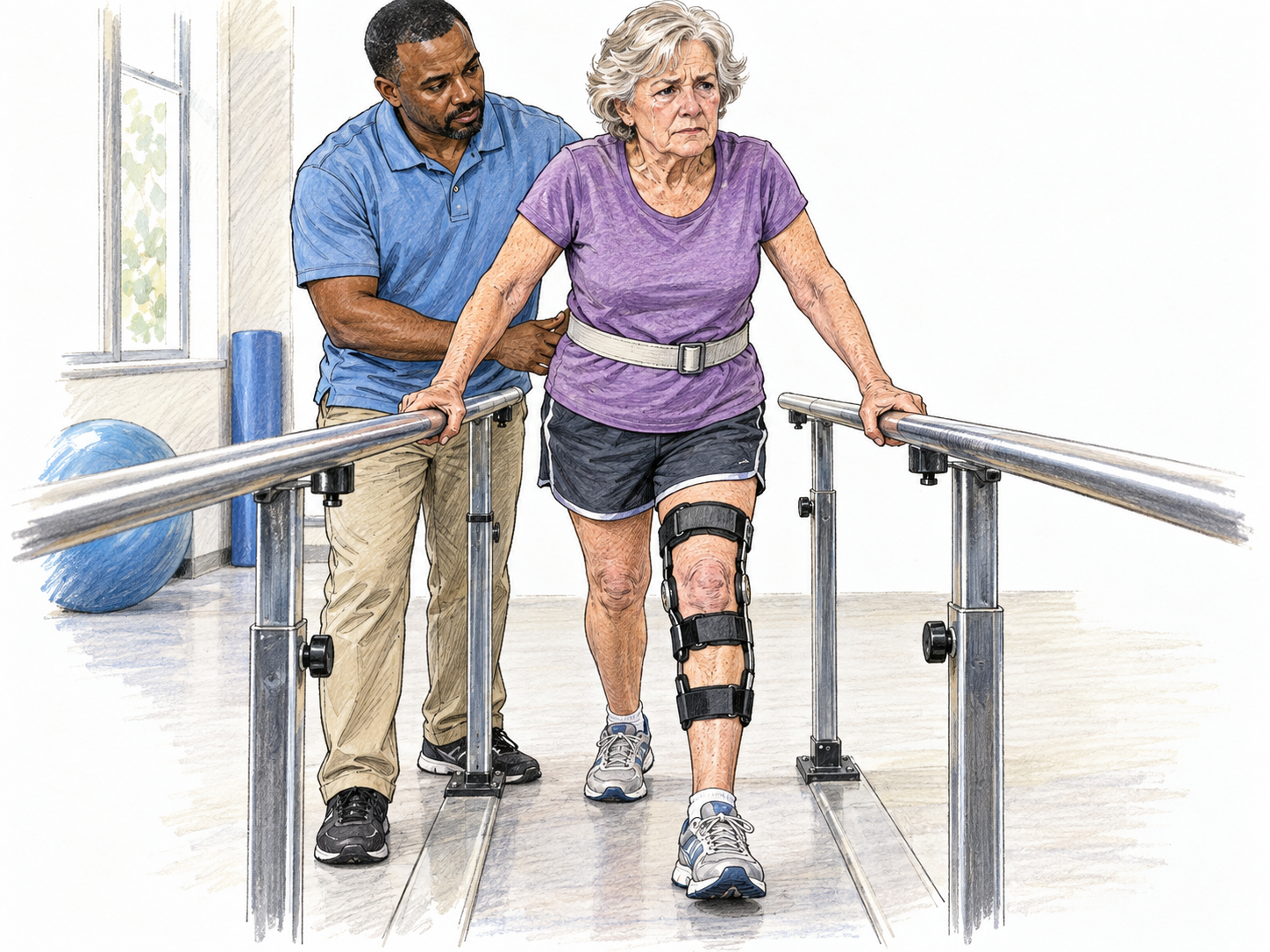 An older woman persists through a visibly painful rehabilitation step between parallel bars.