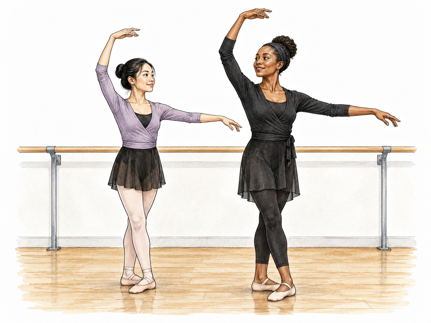 Modern adult young Asian ballet student mirrors admired older Black instructor's simple standing arm pose beside them in studio, same clear pose, fully clothed, no mirrors or text.