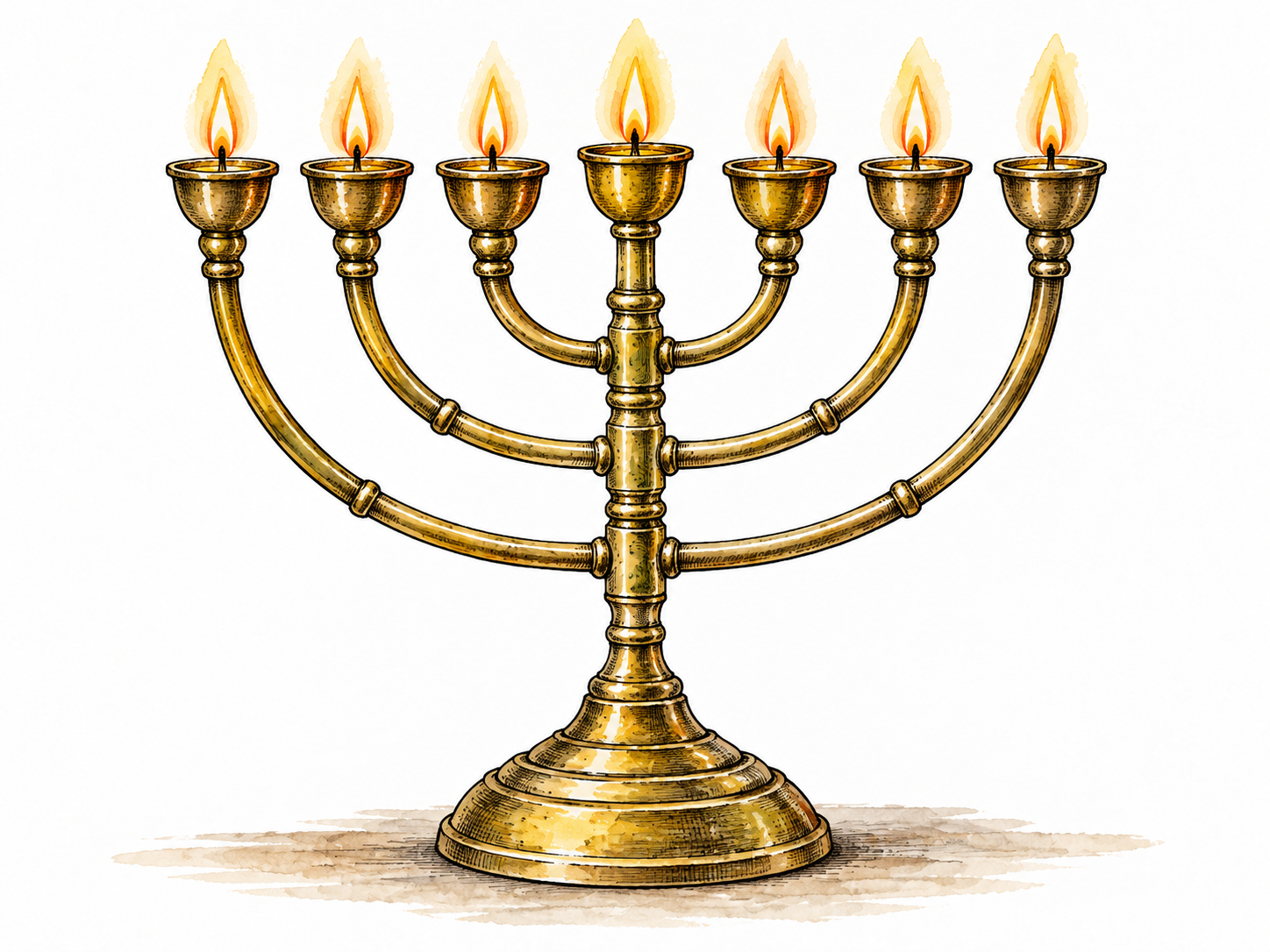 Accurate seven-branched menorah, six symmetrical side branches plus central stem, exactly seven lamps.