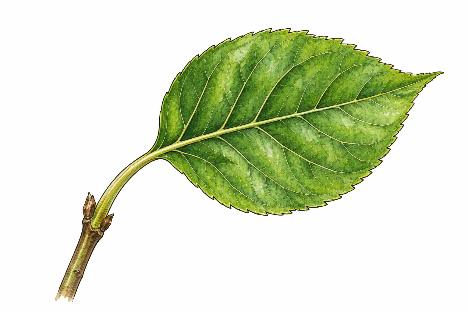 One healthy green leaf growing from a small stem, veins and petiole accurately visible, uncluttered white background, no labels.