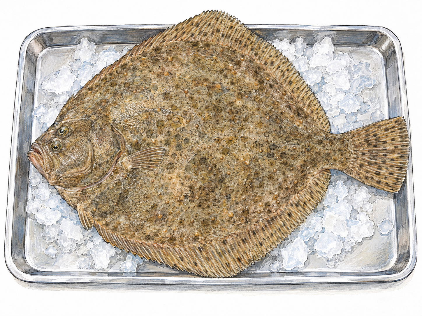 A whole fresh turbot displayed on a simple fishmonger's tray with a little crushed ice, showing its broad diamond-shaped flat body, mottled upper surface, bony bumps and both eyes on the same side.