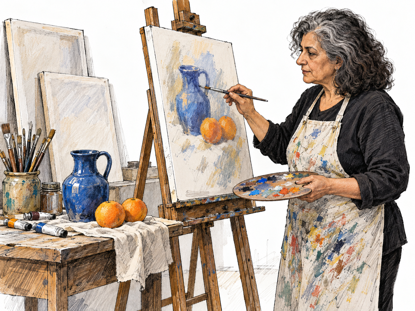 A painter working in her compact studio, with an easel, paint-covered palette, brush jars and several unfinished canvases making the dedicated creative workspace immediately recognizable.