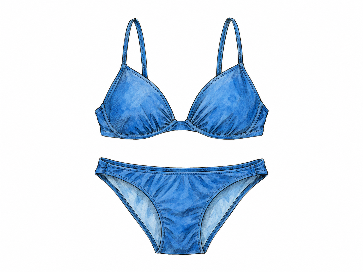 A matching bikini top and low-waisted swim bottoms laid flat, visibly separate, with a clear white gap between the two pieces.