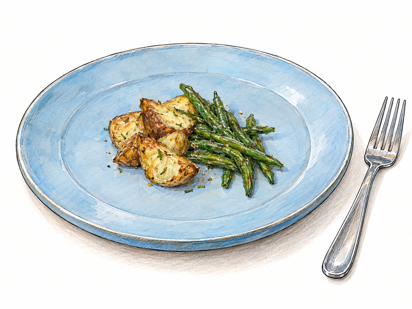A single shallow ceramic dinner plate with a broad visible rim, holding a small portion of food; a fork beside it establishes ordinary eating use.