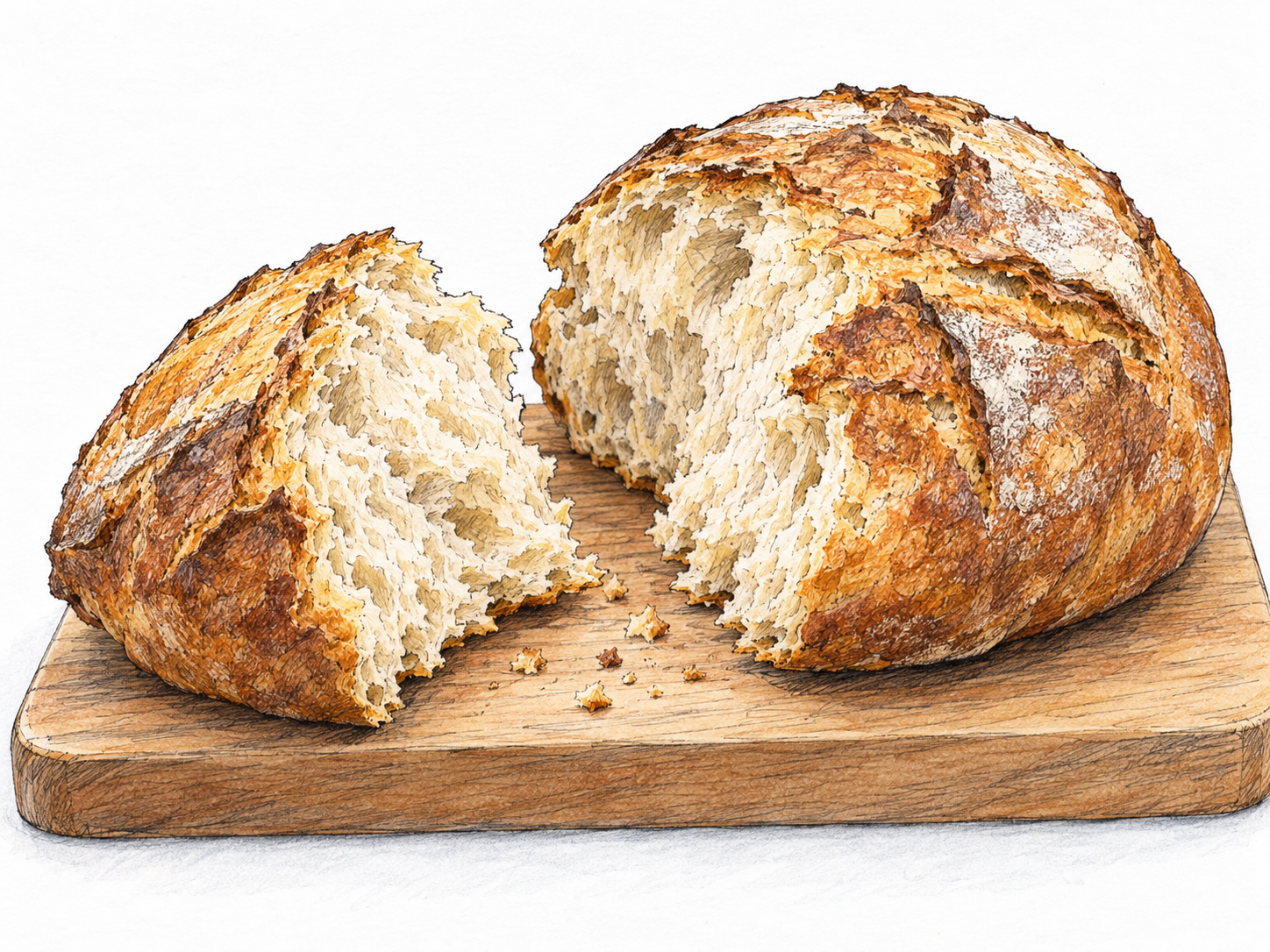 A substantial, irregular hunk torn from a crusty loaf, placed beside the remaining loaf with their matching torn interiors visible.