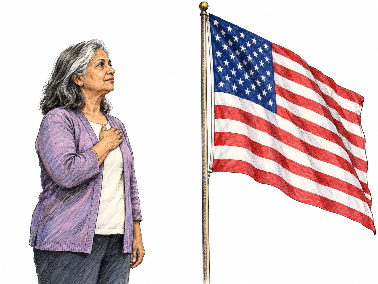An older South Asian American woman stands with her right hand over her heart, solemnly facing the United States flag in a recognizable gesture of allegiance.
