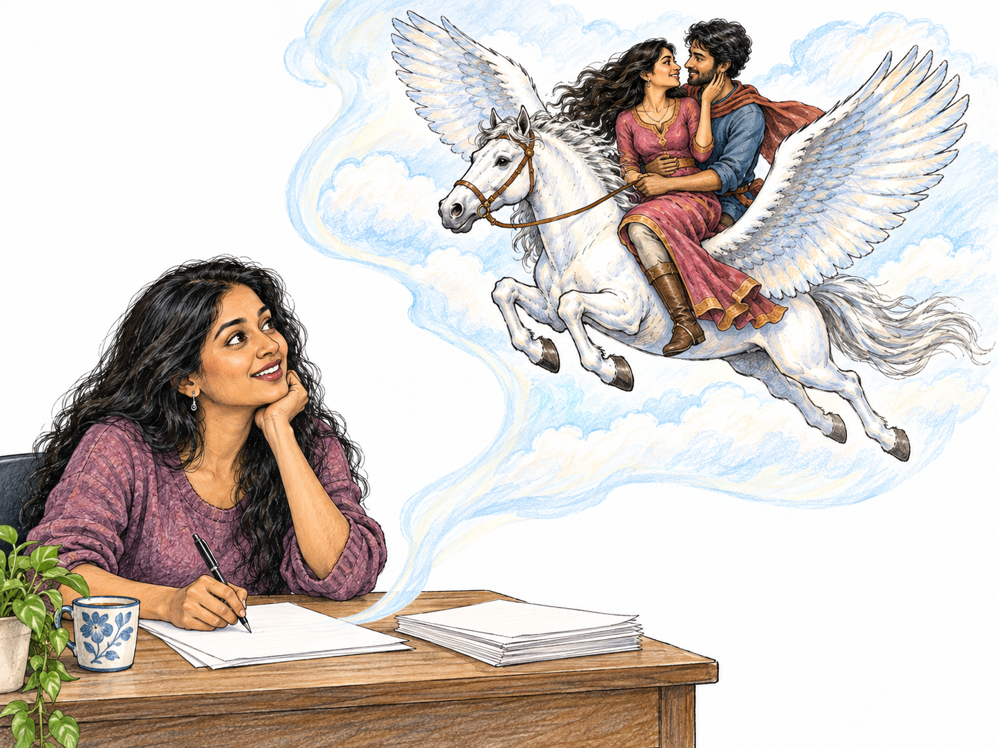 A romance writer composes at a desk while a fanciful scene rises visually from her manuscript: two affectionate lovers riding a winged horse.
