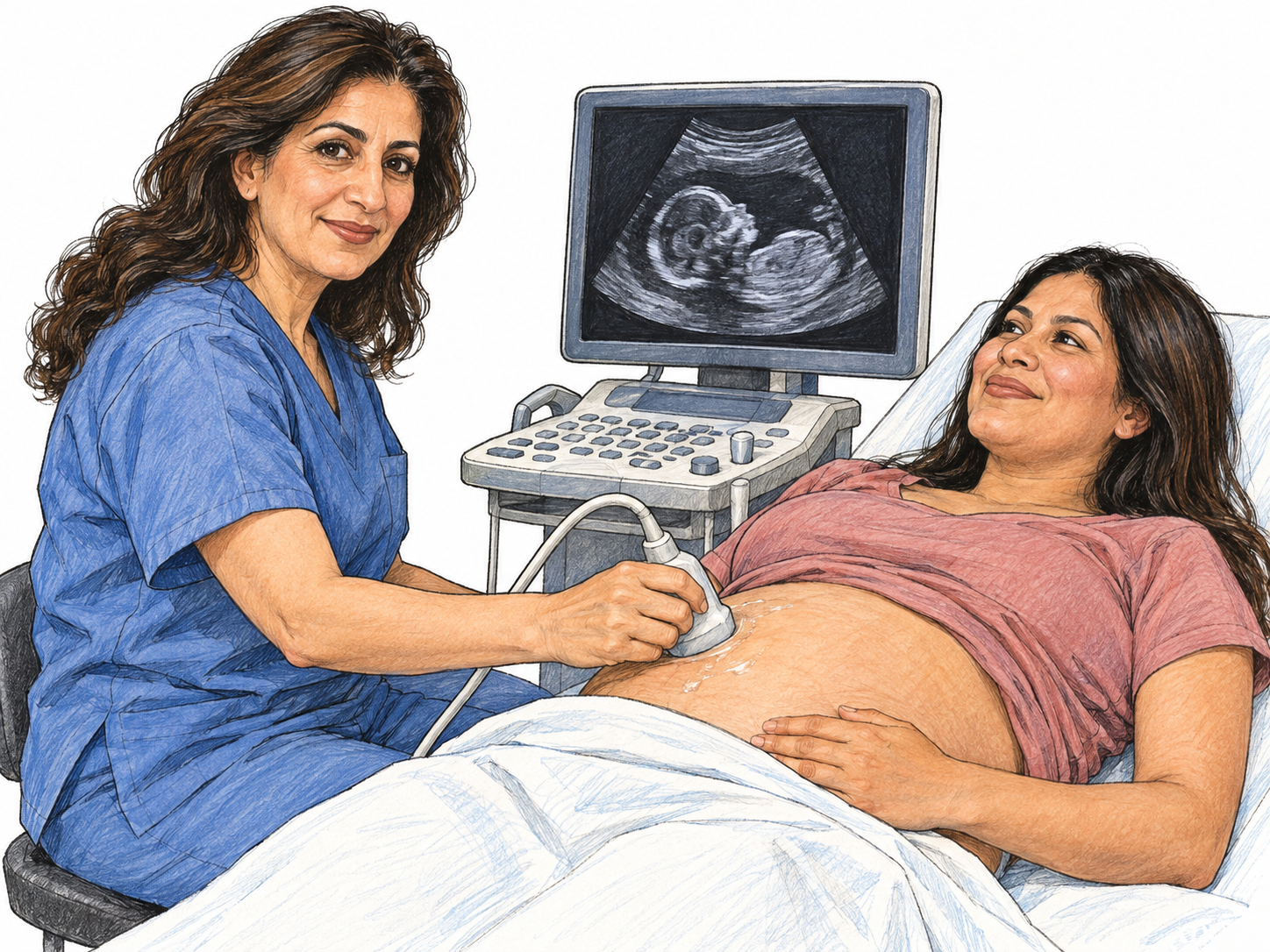 An obstetrician performs an ultrasound examination on a visibly pregnant patient; the probe on her rounded abdomen and a recognizable fetal profile on the monitor make pregnancy-specific medical care immediately visible.