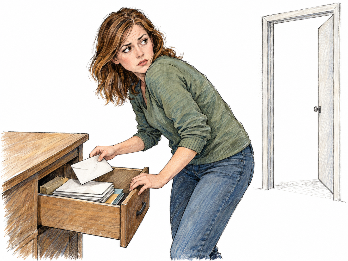 A young woman secretly searches an open desk drawer containing private correspondence, lifting an envelope while glancing back toward an empty doorway.