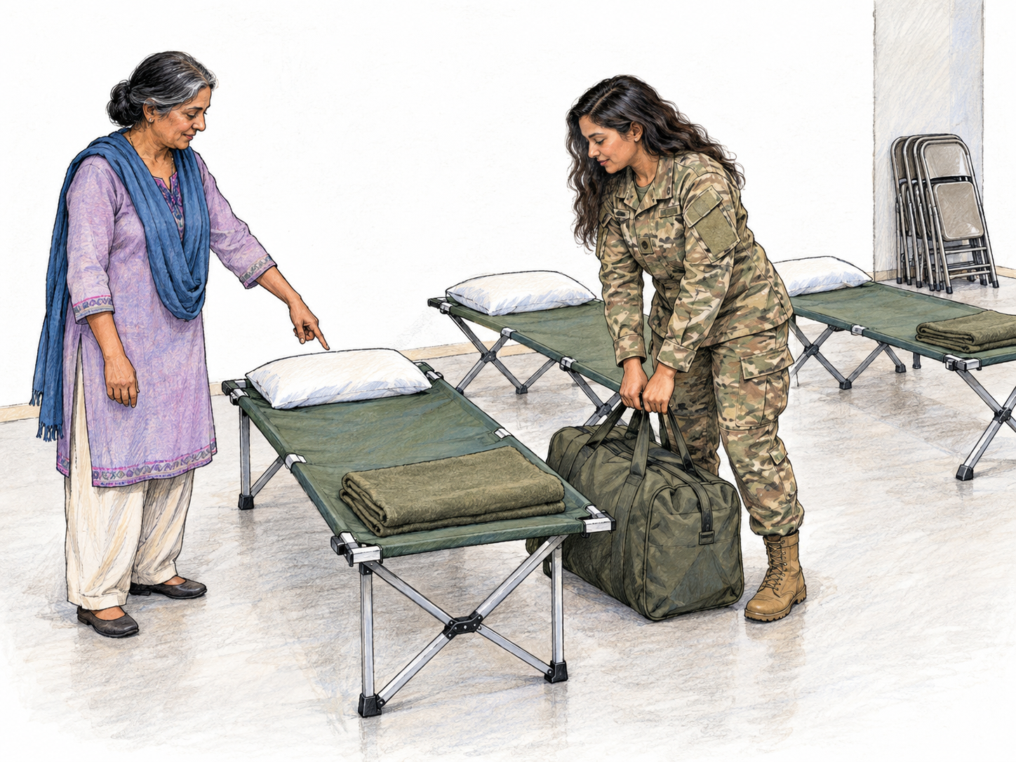 A lodging coordinator assigns a newly arrived soldier a temporary cot in a civilian building converted into sleeping quarters.