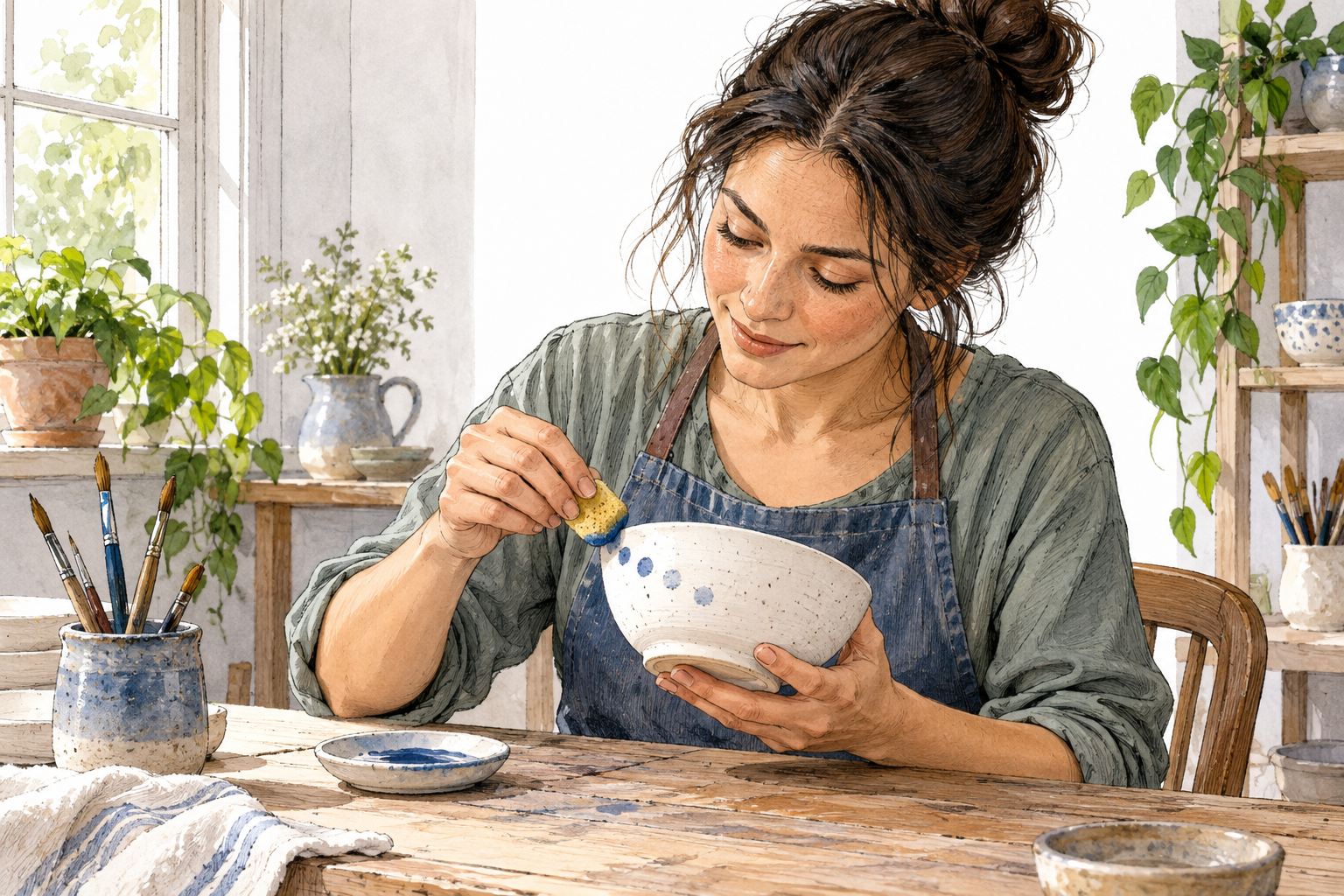 An adult gently dabs a tiny paint spot onto a ceramic bowl with a small sponge, quick light touches shown by a few separate dots.