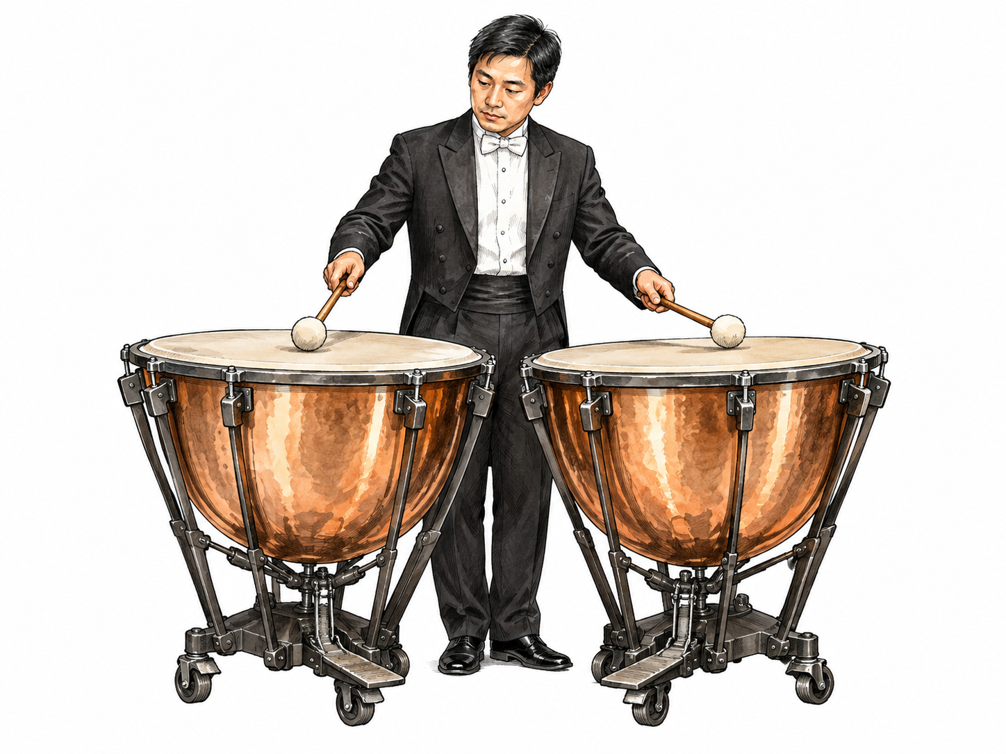 An orchestral percussionist stands behind two copper kettledrums with tuning pedals and soft mallets poised above the heads.