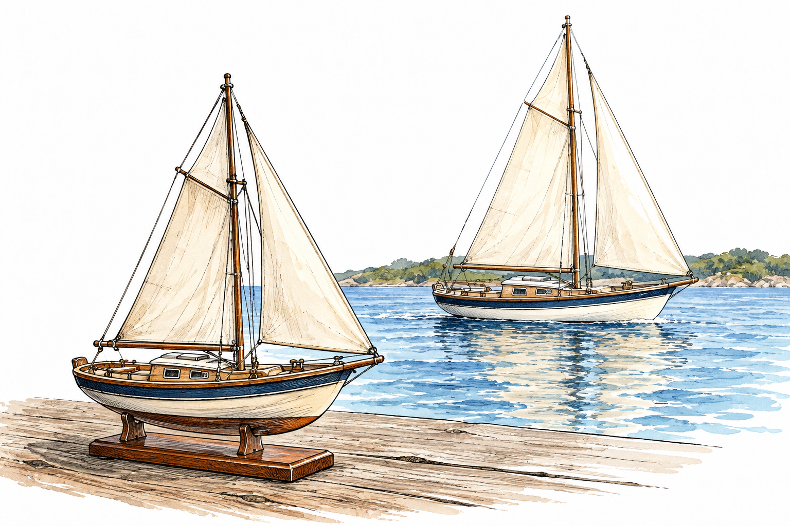 A miniature wooden model accurately depicts a real sailing boat behind it, representation.