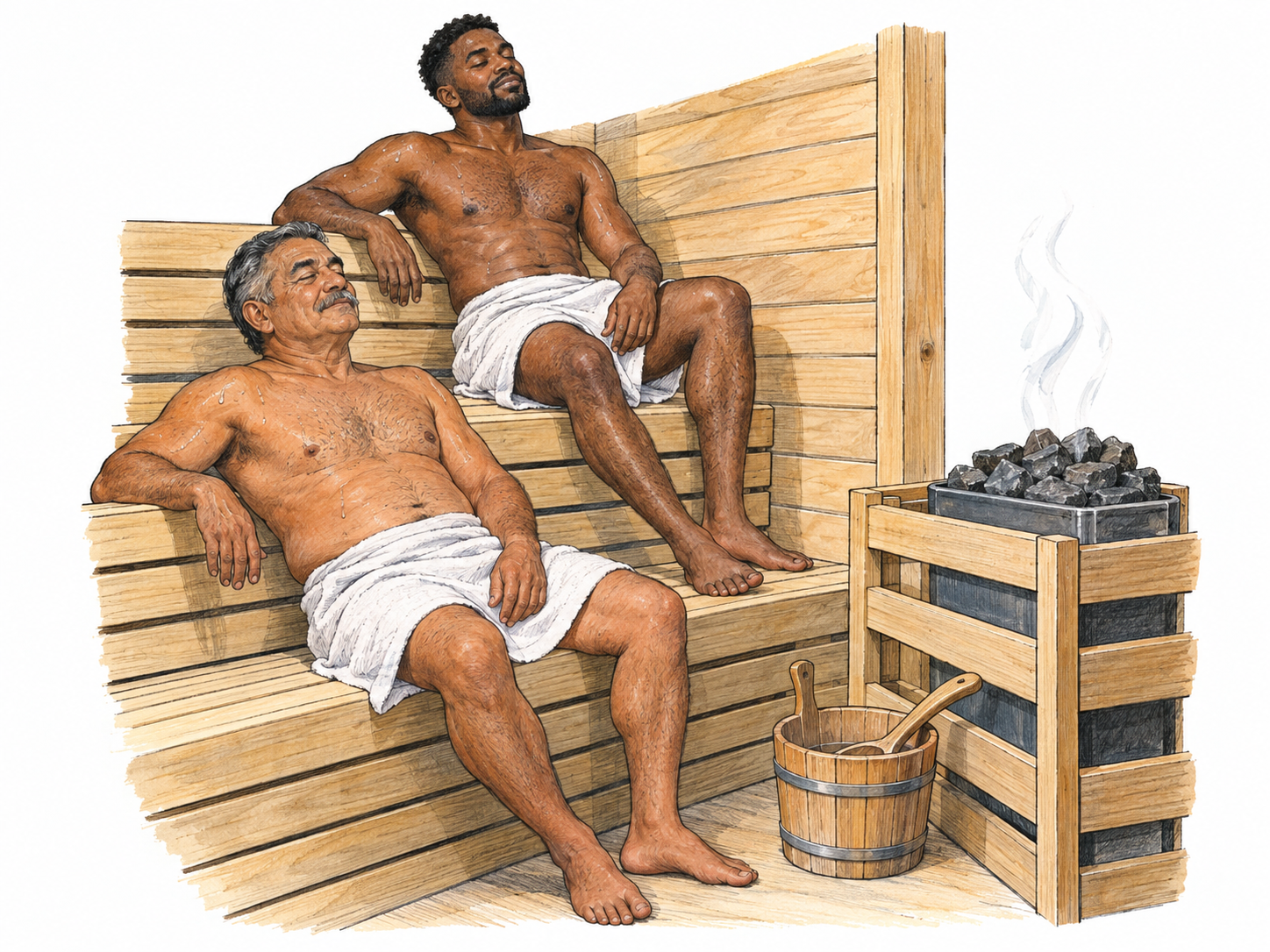 Two relaxed, visibly perspiring men sit on wooden sauna benches beside a guarded heater piled with hot stones.