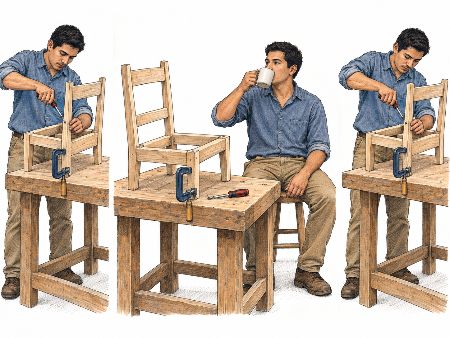 Show a woodworking project temporarily in abeyance through a compact work–pause–resume sequence.