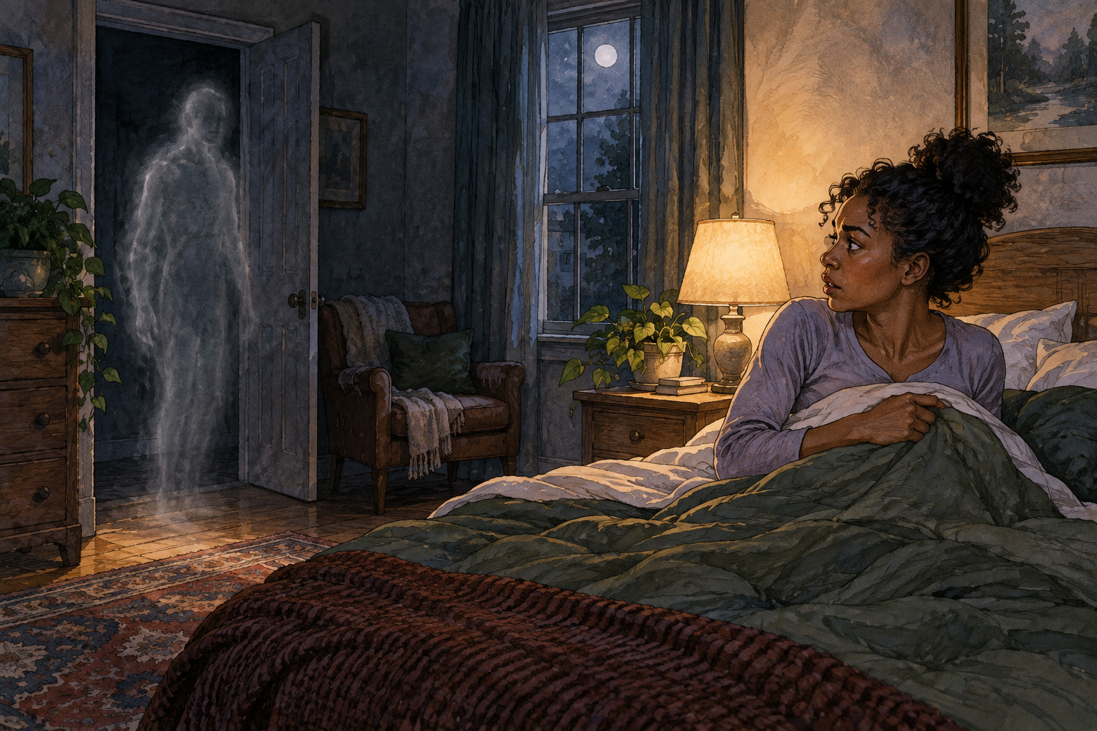 A faint translucent human-shaped illusion appears at the edge of a dreamy dark room while an awake adult looks uncertain, clearly apparition not solid person.