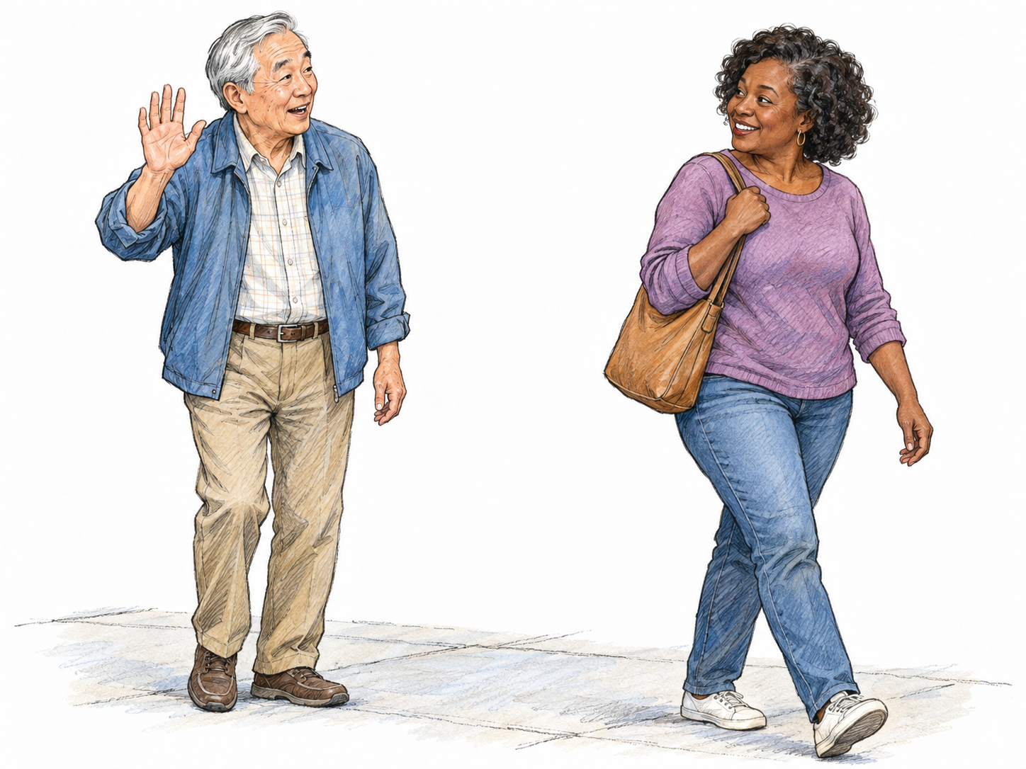 An older man raises an open hand and calls a friendly greeting to a passing woman, who turns toward him with a welcoming smile.