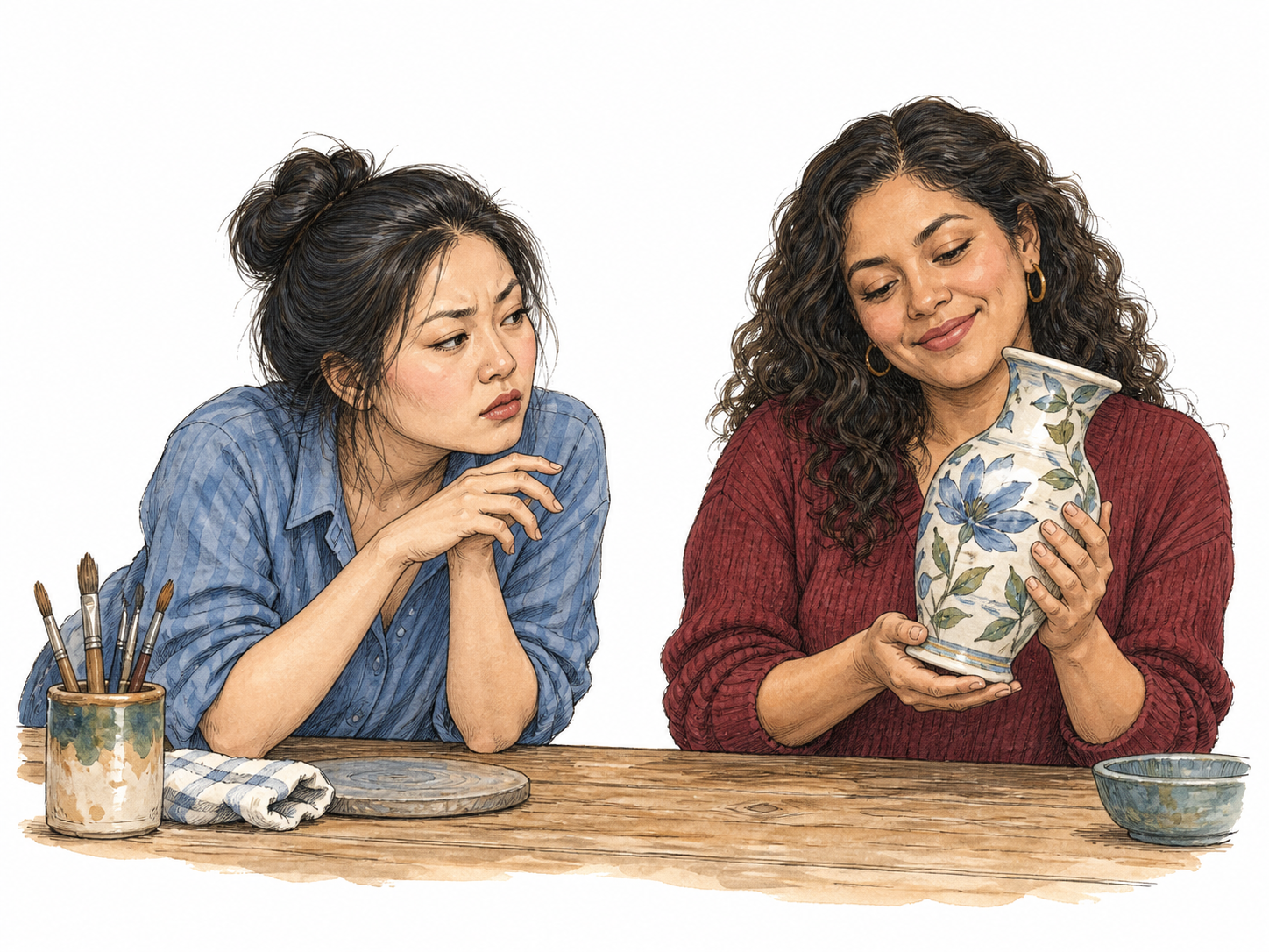 An adult at a craft table stares enviously at her friend's elegant handmade ceramic vase, hands drawing close but not touching while friend cradles it proudly.