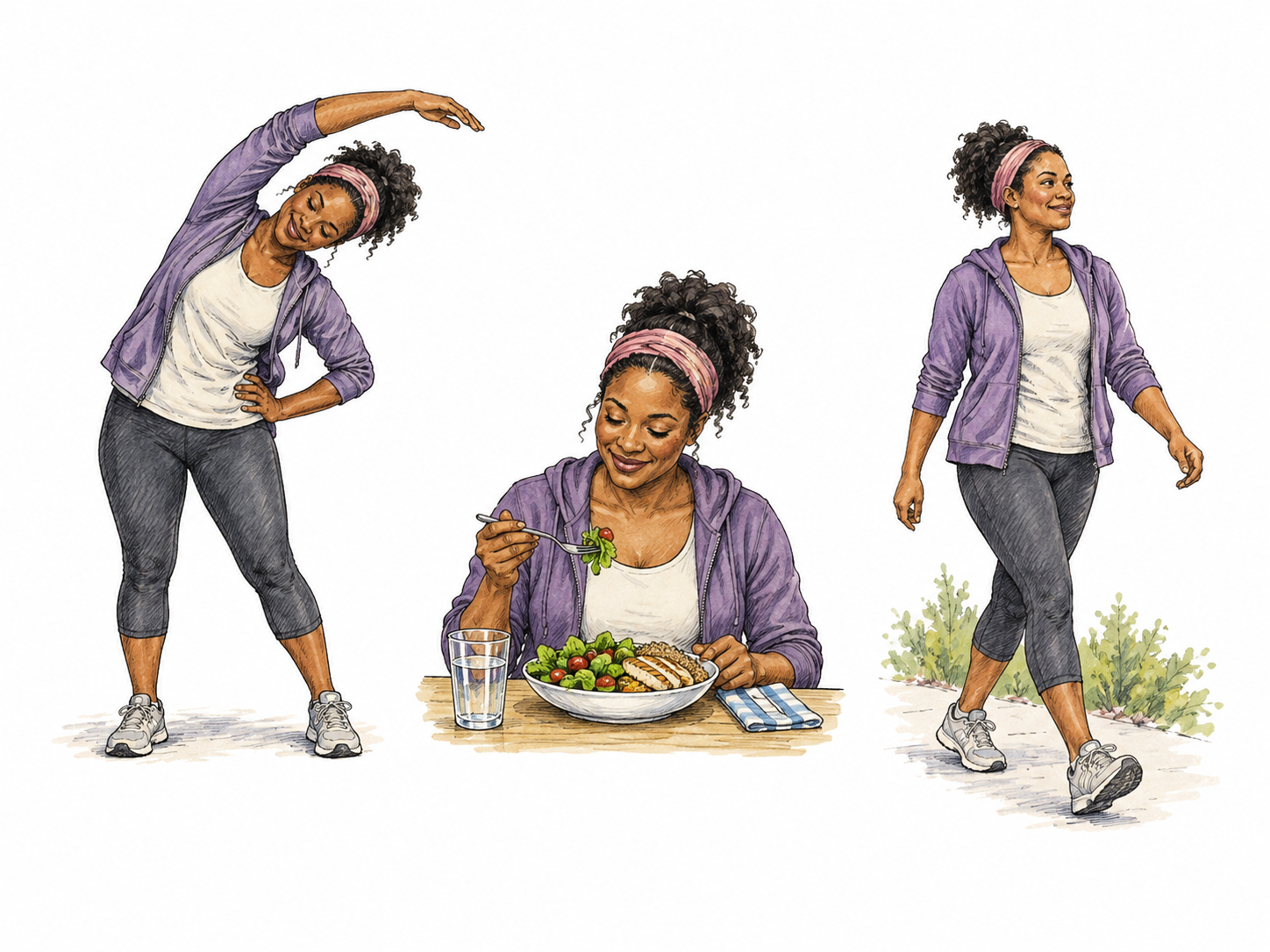 Person follows consistent health routine in three small vignettes: stretching, eating simple balanced meal, walking, same face/clothes palette; no pills or medical claims.