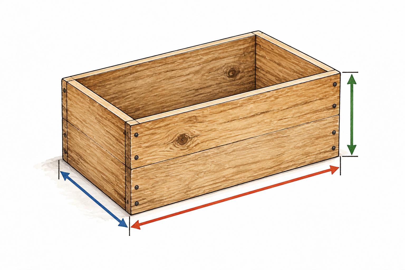 Simple wooden box with three clean measurement arrows marking length width height, no numerical text.